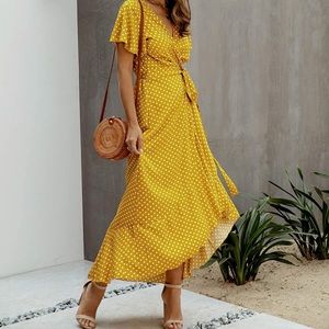Mustard yellow and white polka dot dress